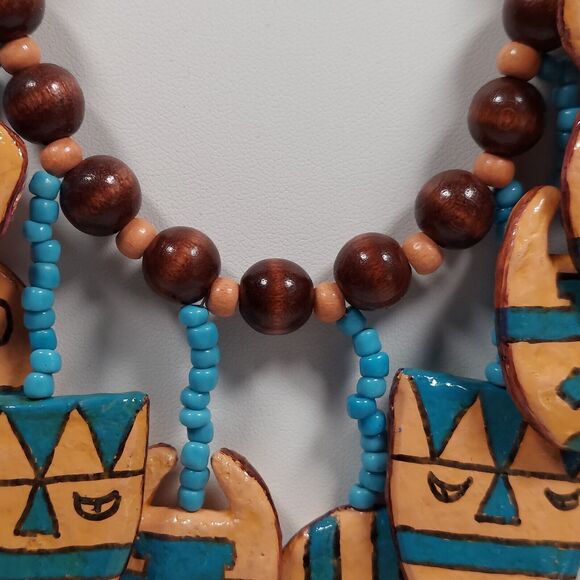 Vtg Hand Painted Wood Face Charm Necklace Southwest Tribal Mask Boho Bead Dangle - Picture 12 of 16